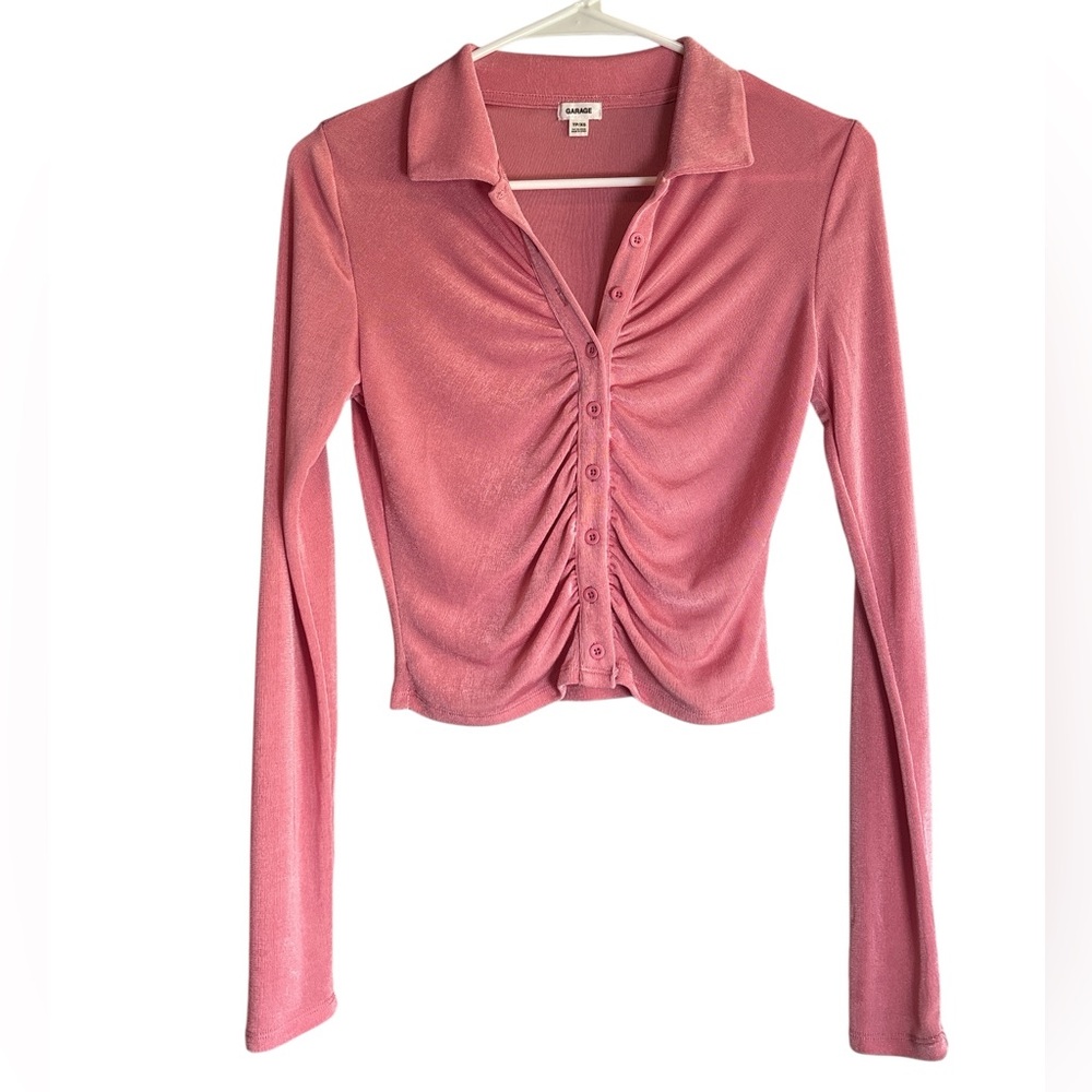 Garage Ruched Button Front Top Pink Long Sleeve Crop Shirt XS